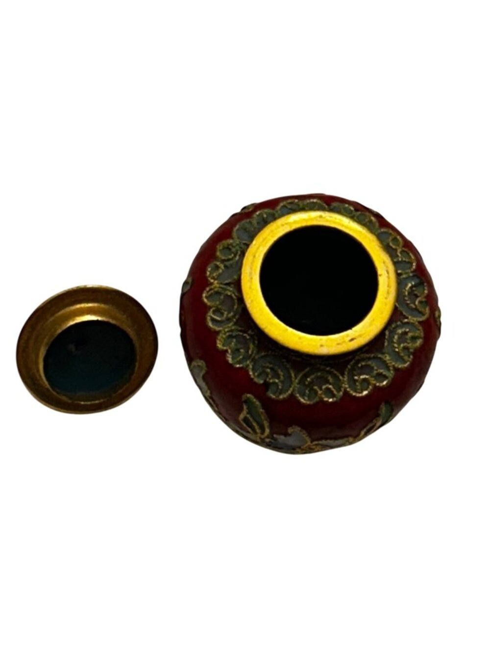 Miniature Red Cloisonné-Style Ginger Jar with Lid Floral Enamel Gold 2.25 In - Picture 3 of 12